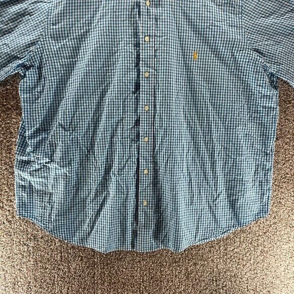 Ralph Lauren Shirt Adult 2XB Blue White Check Cotton Button Up Yellow Pony Logo - Picture 6 of 13